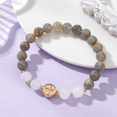 Round Natural Labradorite & White Jade Beads Stretch Bracelets BJEW-JB13674-1