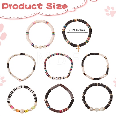 8Pcs 8 Style Polymer Clay Heishi & Natural Pearl & Natural Sea Shell Beads Stretch Bracelets Set for Girl Women BJEW-SZ0001-82-1