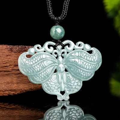 Natural Jadeite Carved Butterfly Pendant Necklaces NJEW-F321-04-1