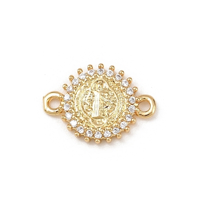 Brass Pave Clear Cubic Zirconia Religion Flat Round with Saint Connector Charms KK-L255-09G-02-1