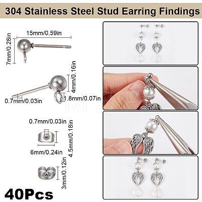 40Pcs 304 Stainless Steel Ball Post Stud Earring Findings STAS-SC0005-26-1