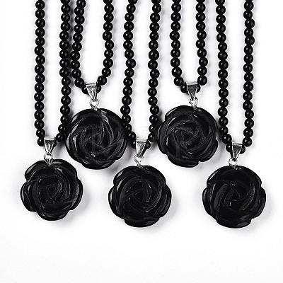 Natural Obsidian 4.5mm Round Beaded Flower Pendant Necklaces NJEW-T016-04B-1