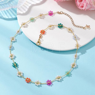 Glass & Shell Pearl Beaded Flower Brass Link Chain Necklaces for Women NJEW-JN06278-1