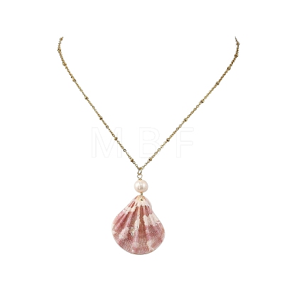 Natural Scallop Shell Pendant 304 Stainless Steel Satellite Chain Necklaces with Natural Pearl NJEW-JN06547-1