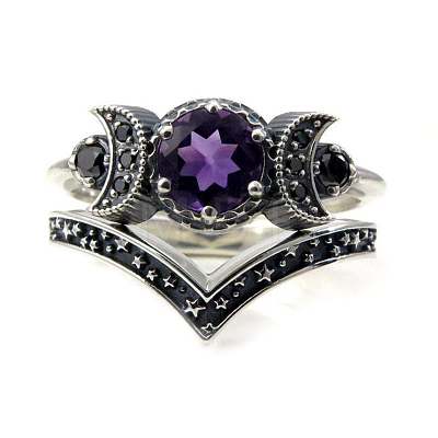 Gothic Purple Crystal Ring with Triple Moon Goddess - Black Diamond Jewelry for Women ST9002173-1