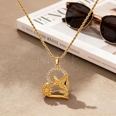 304 Stainless Steel Micro Pave Clear Cubic Zirconia Heart with Flower Bird Pendant Necklaces for Women WG05DAA-01-1