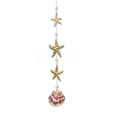 Electroplate Sea Shell & 304 Stainless Steel Pendants Starfish Shell Hanging Suncatchers HJEW-JM04565-1