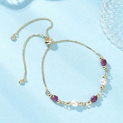 Dyed & Heated Natural Tiger Eye Cube & Shell Pearl Round Beads Link Bracelets BJEW-JB12907-02-1