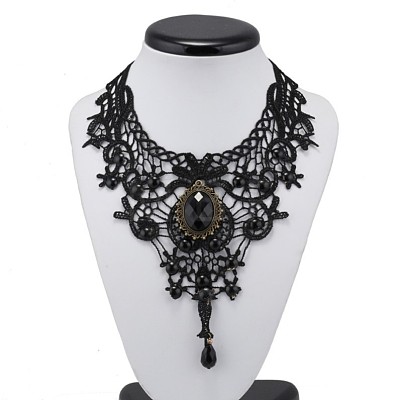 Gothic Alloy Glass Lace Heart Statement Bib Choker Necklaces for Women FS-WGE10D6-01-1