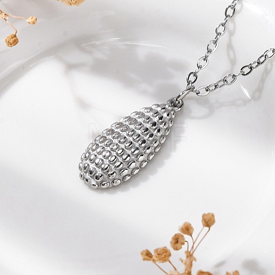 Anti-Tarnish 304 Stainless Steel Textured Teardrop Pendant Cable Chain Necklaces for Women STAS-Z114-17P-1