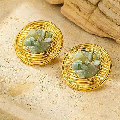 304 Stainless Steel Natural Green Aventurine Stud Earrings EJEW-R012-02G-04-1