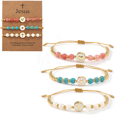 3Pcs Minimalist Adjustable Synthetic Turquoise & Watermelon Stone Glass & Natural Shell Beads Braided Bead Bracelets SR5600-5-1