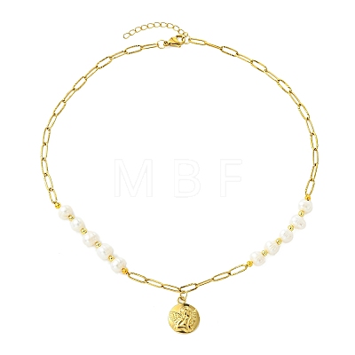 304 Stainless Steel Angel Coin Pendant Paperclip Chain & Potato Natural Pearl Beaded Necklaces for Women NJEW-JN06053-1