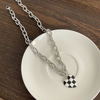 Black and White Checkered Heart Alloy Enamel Pendant Necklaces for Women FS-WGFAE52-01-1