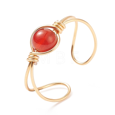 Natural Red Agate Round Beaded Open Cuff Ring RJEW-TA00041-03-1