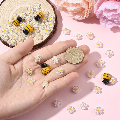 5Pcs Handmade 3D Bees Lampwork Beads & 50Pcs Flower Millefiori Glass Beads Sets LAMP-YW0001-63-1