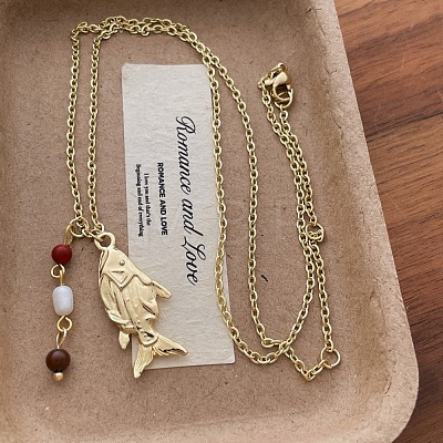 Vintage Alloy Fish Pendant Necklaces with Plastic & Glass Beads Tassel WG3AD88-01-1
