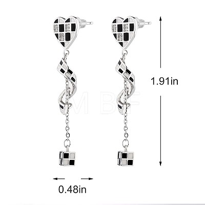 Enamel Checkerboard Heart & Twist & Cube Dangle Stud Earrings with Rhinestone JE1033A-1