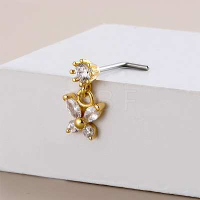 316L Surgical Stainless Steel Micro Pave Clear Cubic Zirconia Butterfly Dangle L-Shaped Nose Rings WG03EB8-02-1