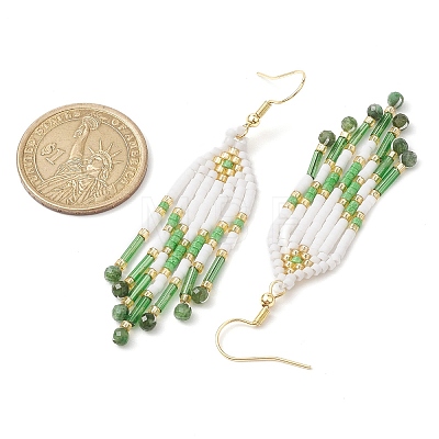Woven Seed Beads & Natural Fuchsite Tassel Earrings EJEW-MZ00154-02-1