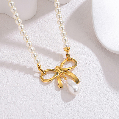 Faux Pearl Teardrop & 304 Stainle Steel Pendant Beaded Necklaces for Women WGF56ED-04-1