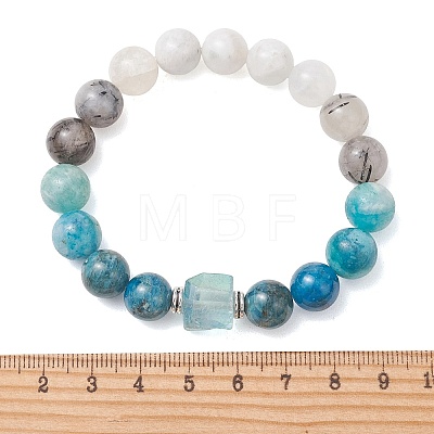 Natural Rainbow Moonstone & Black Rutilated Quartz & Apatite & Hemimorphite Beads Stretch Bracelets for Women Men BJEW-TA00745-1