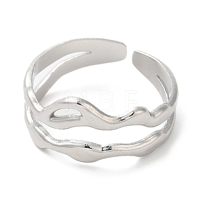 304 Stainless Steel Hollow Wave Open Cuff Ring for Women RJEW-I098-03P-1