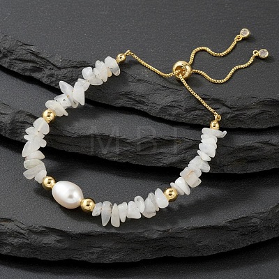 Natural Freshwater Pearl and Natural Rainbow Moonstone Chip Beaded Adjustable Brass Box Chain Slider Bracelets for Women PS0343-6-1