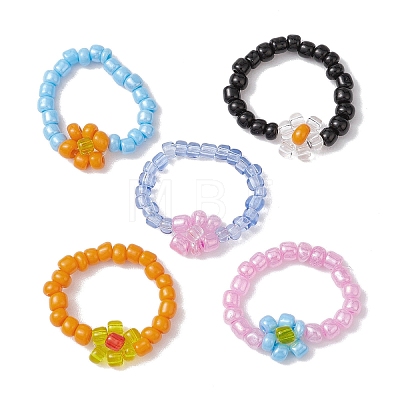 5Pcs 5 Colors Flower Glass Beads Stretch Rings for Women RJEW-JR00744-1