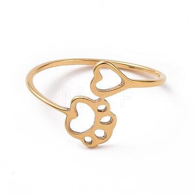 Ion Plating(IP) 201 Stainless Steel Paw Print and Heart Finger Ring RJEW-J051-27G-1