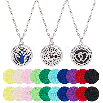 3Pcs 3 Styles Stainless Steel Hollow Essential Oil Diffuser Locket Pendant Necklaces NJEW-HS0001-26C-1