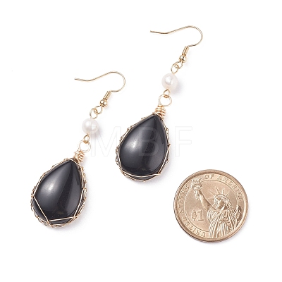 Natural Obsidian Teardrop Dangle Earrings with Natural Pearl EJEW-JE04850-02-1