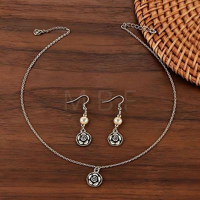 Zinc Alloy Imitation Pearl Flower Dangle Earrings & Pendant Necklaces Sets for Women WG42FFC-01-1