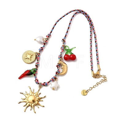 304 Stainless Steel & Plastic Hot Pepper Cherry Pendant Cotton Cord Necklaces for Women NJEW-Z092-01G-02-1