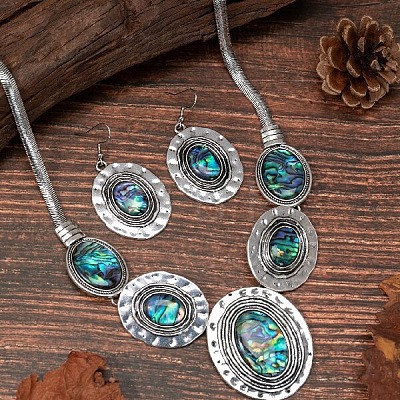 Oval Alloy & Paua Shell Pendant Necklace & Dangle Earring Sets FS-WG1A0FD-01-1