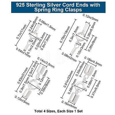 4 Sets 4 Size 925 Sterling Silver Spring Ring Clasps STER-BBC0001-44-1