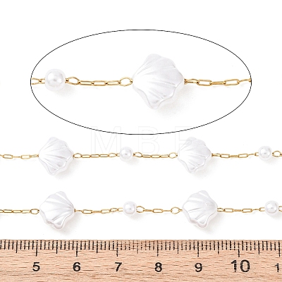 304 Stainless Steel & ABS Plastic Pearl Round & Shell Shape Bead Cable Chains CHS-G048-04G-1