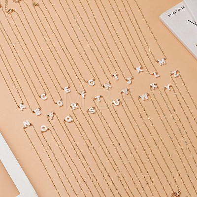 26Pcs 26 Style Alphabet Initial Letter A~Z Natural Cultured Shell Pendant Necklace with Brass Curb Chains for Women NJEW-JN04178-1