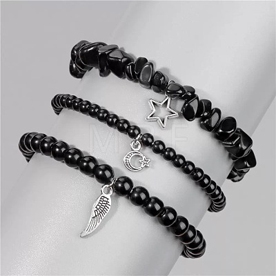 3Pcs Alloy & Natural Black Onyx Beads Charm Bracelets DY7954-7-1