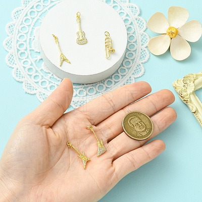 5Pcs 5 Styles Musical Instruments Theme Rack Plating Brass Clear Cubic Zirconia Pendants KK-CJ0005-93-1