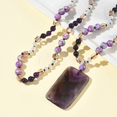 Natural Amethyst Rectangle Pendant Glass Beaded Long Necklaces GG-CBAE048-02A-1