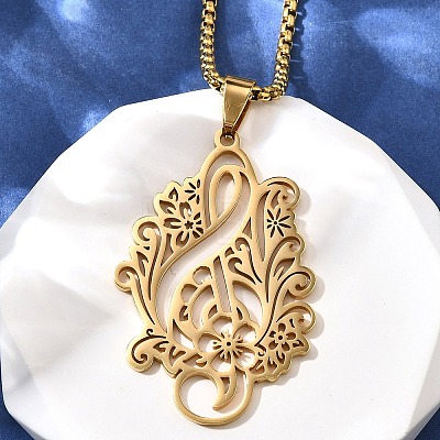 304 Stainless Steel Laser Cut Flower Musical Note Pendant Box Chain Necklaces for Women Men NJEW-E156-02G-1