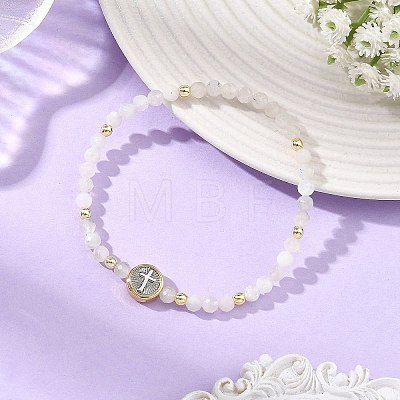 Religion Natural Moonstone Beaded Stretch Bracelets with Brass Flat Round with Cross Beads BJEW-JB14360-02-1