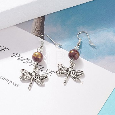 Round Natural Mashan Jade with Alloy Dragonfly Dangle Earrings EJEW-JE04855-01-1