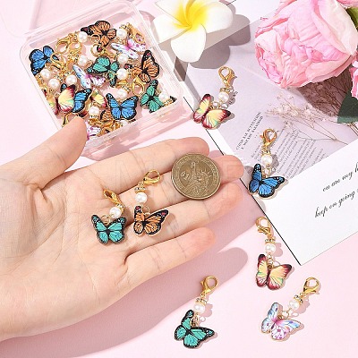 20Pcs 5 Colors Butterfly Alloy Enamel & Glass Pearl Pendant Decorations HJEW-YW00563-1