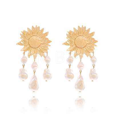 Alloy Imitation Pearl Sunflower Tassel Chandelier Earrings for Women WGA0AF8-01-1
