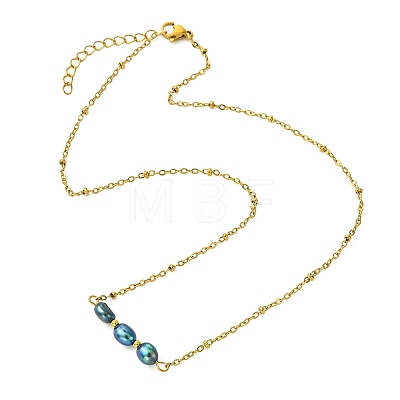 Natural Pearl Two Sides Polished Beaded Pendant 304 Stainless Steel Satellite Chain Necklaces for Women NJEW-JN06224-1