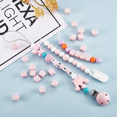 20Pcs Pink Cube Letter Silicone Beads 12x12x12mm Square Dice Alphabet Beads with 2mm Hole Spacer Loose Letter Beads for Bracelet Necklace Jewelry Making JX435I-1