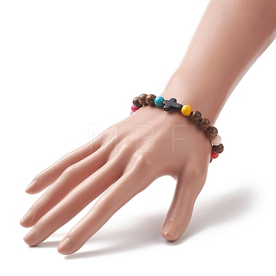 Dyed Synthetic Turquoise Cross & Wood Round Beaded Stretch Bracelet for Women BJEW-JB09276-1