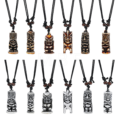 12Pcs 12 Colors Adjustable Resin Religion God of Wealth Zaki Ram Pendant Black Cord Necklaces for Men NJEW-ME0001-24-1